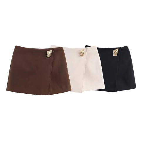 Dames Hoge Taille Asymmetrische Skort Met Gouden Metalen Gesp Mini Wikkelrok Shorts Elegante Urban Casual Mode Dames Broekrok