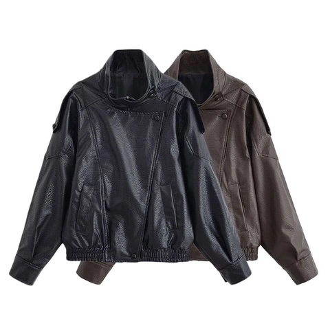 Damen Vintage PU Kunstleder Bikerjacke Stehkragen Locker Langarm Retro Casual Outwear Mode Mantel