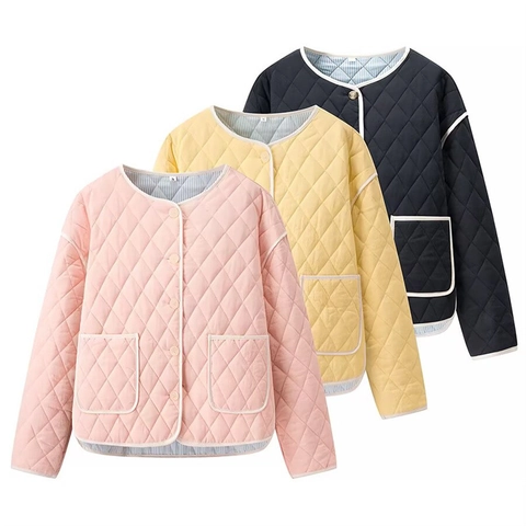Chaqueta Acolchada Informal para Mujer Patrón de Rombos Ropa de Abrigo Cuello Redondo Ajuste Suelto Abrigo Algodón Cálido Otoño