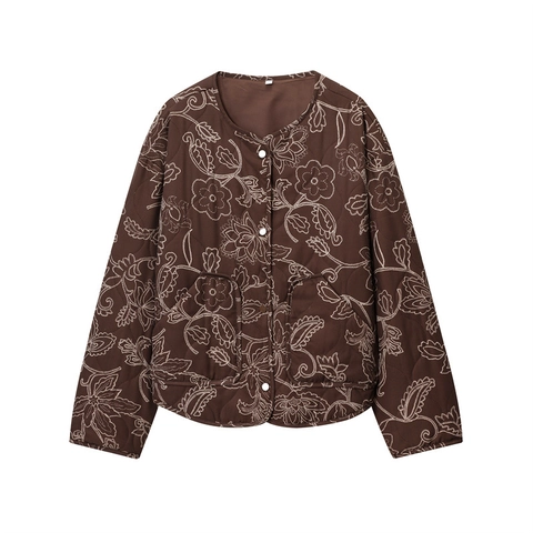 Giacca Trapuntata Donna Casual Ricamo Floreale Vintage Girocollo Monopetto Cappotto Esterno Largo Con Tasche Per Autunno