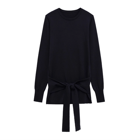 Women Casual Navy Blue Crew Neck Long Sleeve Knit Sweater Solid Color Loose Pullover With Tie Knot Detail Soft Knitwear