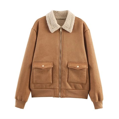 Damen Casual Wildlederimitat Jacke Mit Lammwollimitat Kragen Reißverschluss Tasche Vintage Braun Winter Streetwear Außenbekleidung