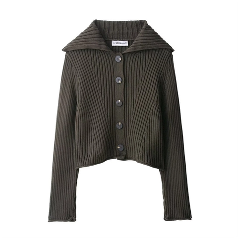 Chaqueta de Punto Acanalado para Mujer Solapa Vintage Botones Top Corto Manga Larga Casual Otoño Punto Liso