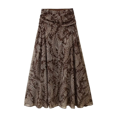 Damen Vintage Paisleymuster Hohe Taille A-Linie Langer Rock Bohemian Elegant Braun Gefaltet Swing Maxi Rock Für Damen