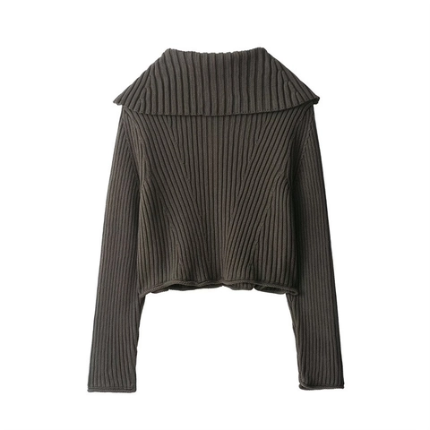 Chaqueta de Punto Acanalado para Mujer Solapa Vintage Botones Top Corto Manga Larga Casual Otoño Punto Liso