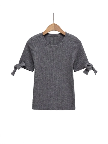 Women Gray Ribbed Knit Short Sleeve Top Round Neck Slim Fit Sweater With Bow Cuff Detail Casual Soft Chic Knitwear