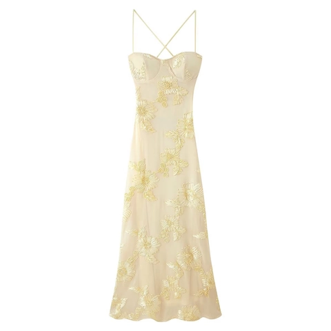 Damen 3D Blumen Bestickt Sling Maxikleid Elegant Netz Fee Spaghetti-Träger Rückenfrei Schlanke Passform Abendparty Langes Kleid