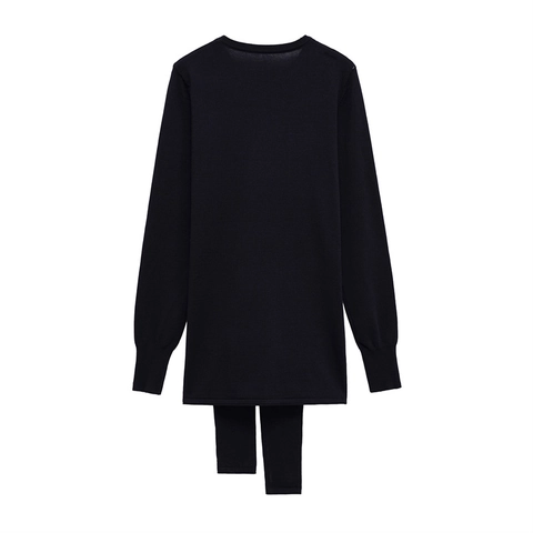 Women Casual Navy Blue Crew Neck Long Sleeve Knit Sweater Solid Color Loose Pullover With Tie Knot Detail Soft Knitwear