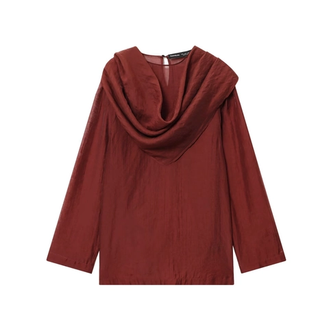 Blusa Vintage para Mujer con Cuello de Bufanda Drapeado Elegante Manga Larga Mezcla Algodón Seda Color Sólido