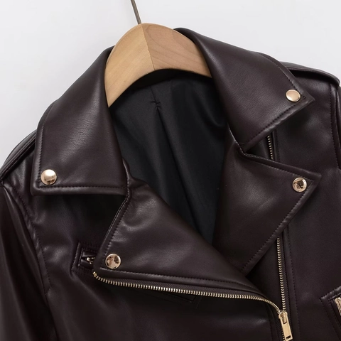 Damen PU Kunstleder Moto Biker Jacke Revers Langarm Reißverschluss Mantel Mit Gürtel Herbst Mode Casual Outwear Für Damen