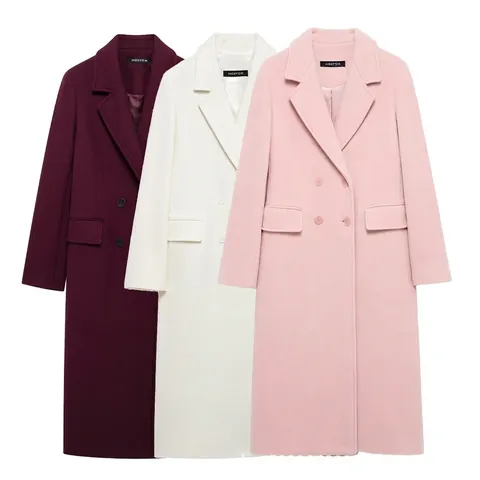 Women Mid-length Woolen Coat Double-breasted Notched Lapel Solid Color Outerwear Autumn Winter Casual Streetwear Jacket