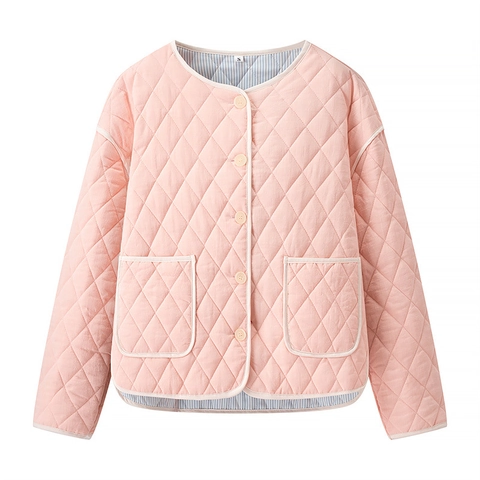 Chaqueta Acolchada Informal para Mujer Patrón de Rombos Ropa de Abrigo Cuello Redondo Ajuste Suelto Abrigo Algodón Cálido Otoño
