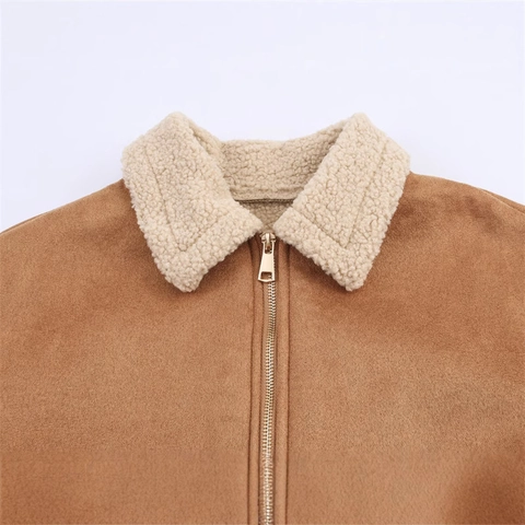 Damen Casual Wildlederimitat Jacke Mit Lammwollimitat Kragen Reißverschluss Tasche Vintage Braun Winter Streetwear Außenbekleidung