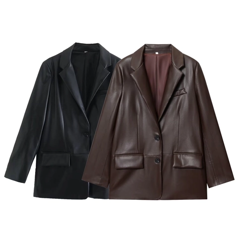 Damen Mode Kunstleder Blazer Jacke Langarm PU Leder Mantel Mit Taschen Einreihig Casual Oberbekleidung