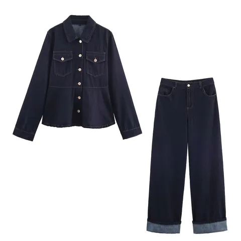 Women Vintage Dark Blue Denim Peplum Jacket And Wide Leg Pants Set Long Sleeve Lapel Metal Button Washed Jeans Suit