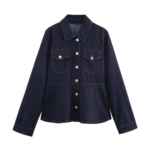 Women Vintage Dark Blue Denim Peplum Jacket And Wide Leg Pants Set Long Sleeve Lapel Metal Button Washed Jeans Suit