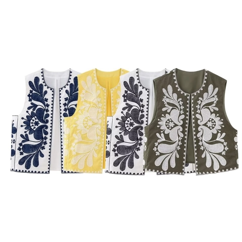 Women Ethnic Floral Embroidered Vest Sleeveless Open Front Waistcoat Boho Vintage Polyester Round Neck Vest Top For Spring