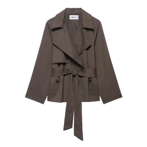 Dames Korte Trenchcoat Jas Double Breasted Met Riem Revers Lange Mouw Casual Woonwerkverkeer Effen Kleur