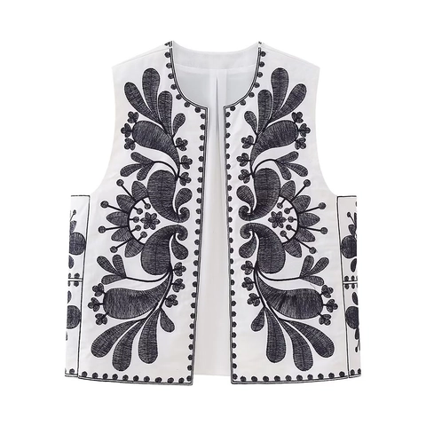Gilet Femme Brodée De Fleurs Ethniques Sans Manches Ouvert Devant Boho Vintage Polyester Col Rond Gilet Top Pour Printemps