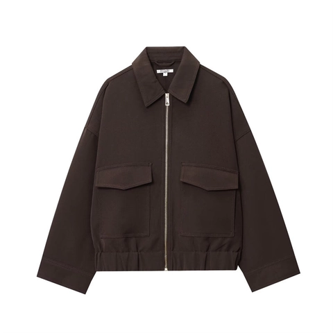 Damen Casual Oversized Reißverschluss Jacke Dunkelbraun Köper Außenbekleidung Mit Taschen Langarm Revers Mantel Herbst