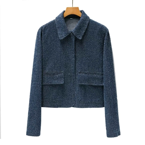 Damen Tweed Langarmjacke Und Minirock Seeblau Elegant Strukturiert Französischer Stil Casual Outfit