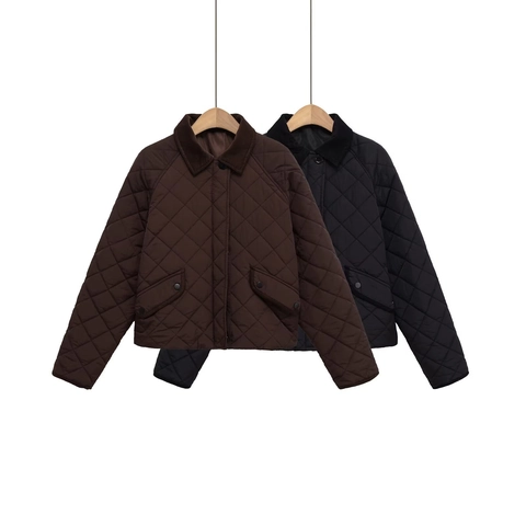 Chaqueta Acolchada de Diamantes Vintage para Mujer Abrigo Corto Cuello de Pana Casual de Manga Larga para Otoño Invierno