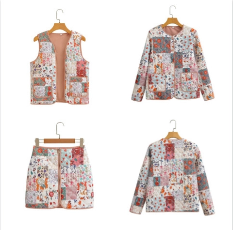 Damen Retro Floral Patchwork Gesteppt Bedruckt Jacke Weste Rock Set Lässig Boho Polyester Wattiert Kurzmantel Ärmellose Weste Minirock Top Und Bottom