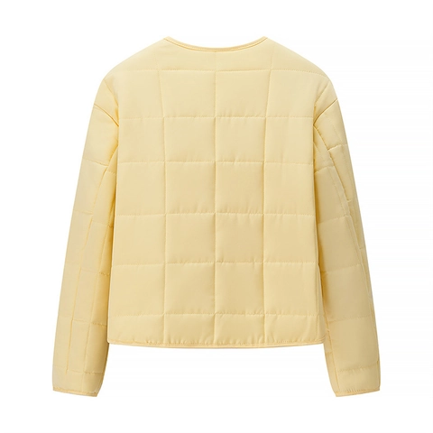 Giacca Trapuntata da Donna Casual Larga Girocollo Monopetto Manica Lunga Giallo Pallido Autunno Inverno Caldo Cappotto Imbottito