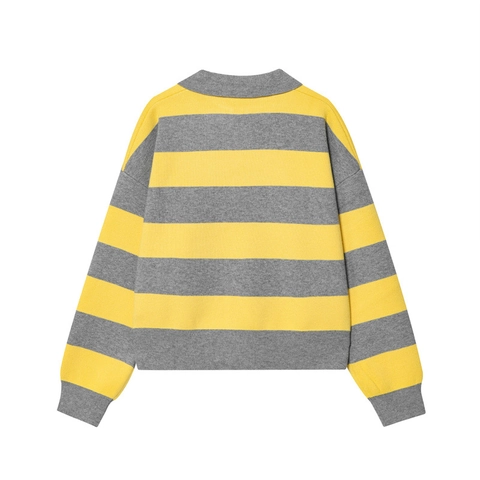 Dames Gestreepte Gebreide Poloshirt Grijs Geel Brede Strepen Lange Mouwen V-Hals Losse Pullover Trui Top