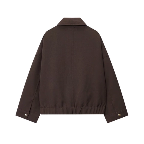 Damen Casual Oversized Reißverschluss Jacke Dunkelbraun Köper Außenbekleidung Mit Taschen Langarm Revers Mantel Herbst