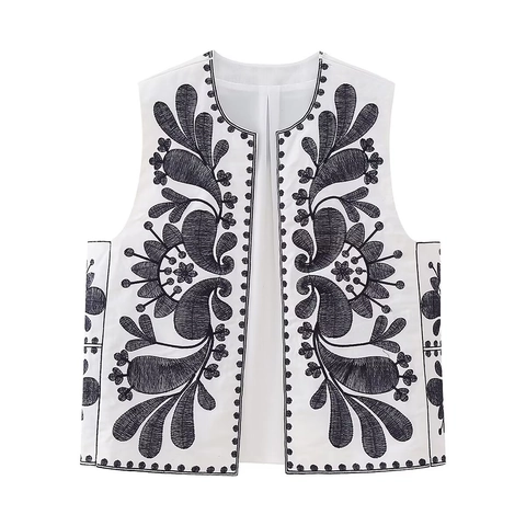 Women Ethnic Floral Embroidered Vest Sleeveless Open Front Waistcoat Boho Vintage Polyester Round Neck Vest Top For Spring