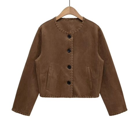 Damen Kunstwildleder Jacke Vintage Ziernaht Rundhals Langarm Einreihig Casual Braun Kurz Mantel Oberbekleidung Top