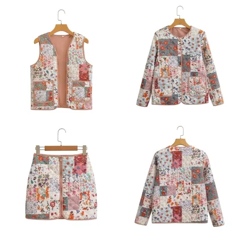 Dames Vintage Pastoraal Gewatteerd Patchwork Bloemen Kleding Set Jas Vest En Minirok Retro Outfits