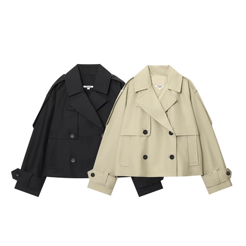 Gabardina Corta para Mujer Doble Botonadura Solapa Cortavientos Chaqueta Con Hombreras Color Sólido Holgada Casual