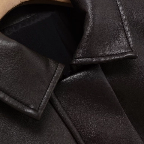 Veste en Similicuir Vintage Marron Foncé pour Femmes Blouson Bomber Décontracté en PU avec Poignets Élastiques Fermeture Éclair