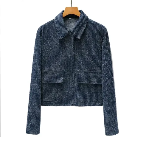 Women Casual Deep Blue Textured Jacket Long Sleeve Lapel Collar Flap Pockets Streetwear Tweed Style Outerwear Coat