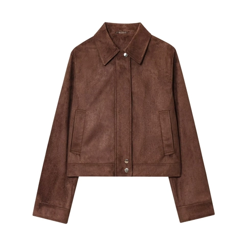 Chaqueta de Antelina para Mujer Corte Ajustado Cuello de Solapa Manga Larga Botón Color Sólido Abrigo Corto Casual Marrón