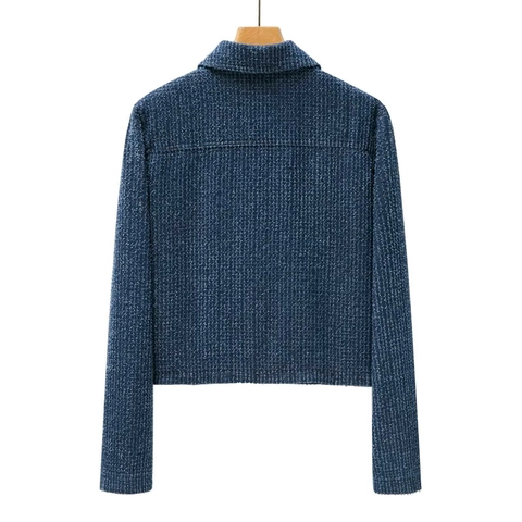 Women Casual Deep Blue Textured Jacket Long Sleeve Lapel Collar Flap Pockets Streetwear Tweed Style Outerwear Coat