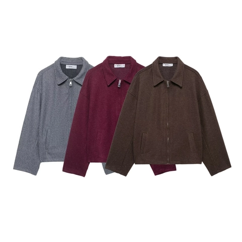 Women Fashion Faux Wool Jacket Lapel Collar Long Sleeve Full Zip Up Solid Color Pockets Casual Streetwear Short Coat