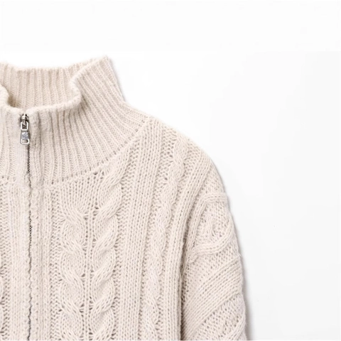 Women Cable Knit Zip Up Cardigan Stand Collar Polyester Long Sleeve Loose Sweater Streetwear Autumn Winter Solid Color Knitwear Top