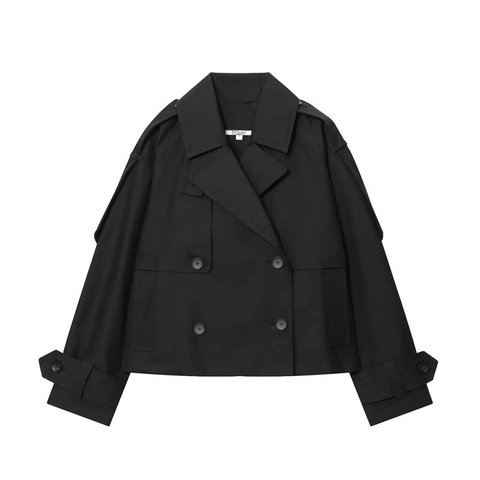 Gabardina Corta para Mujer Doble Botonadura Solapa Cortavientos Chaqueta Con Hombreras Color Sólido Holgada Casual