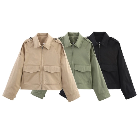 Cortavientos Corto de Ropa de Trabajo Suelto para Mujer Con Bolsillos y Charreteras Color Sólido Manga Larga Cremallera Cuello Solapa