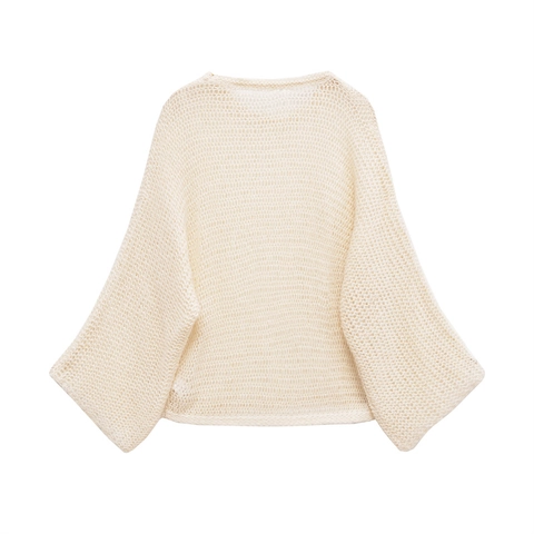 Women Vintage Hollow Out Crochet Knit Top Casual Long Flare Sleeve Round Neck Beige Lightweight Polyester Sweater