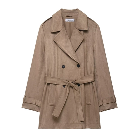 Dames Elegante Imitatiesuède Trenchcoat Met Riem Double-breasted Lange Mouwen Reversjas Voor Herfst Winter Casual Bovenkleding