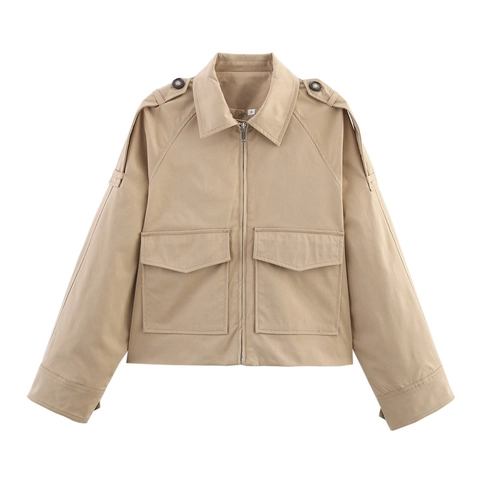 Damen Kurze Windjacke Herbst Mode Revers Reißverschluss Cargo Jacke Mit Taschen Schulterklappen Locker Langarm Crop Mantel Oberbekleidung