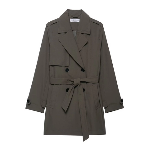 Women's Mid-Length Double Breasted Trench Coat Elegant Solid Olive Windproof Waterproof Woven Outerwear With Waist Belt