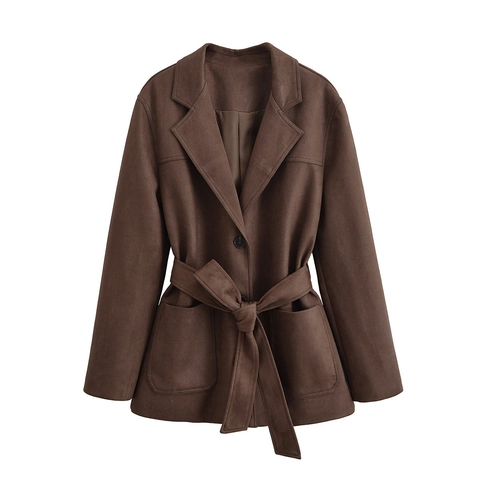 Trench da Donna alla Moda in Finto Camoscio con Collo a Giacca e Cintura Manica Lunga Marrone Caffè Giacca Casual