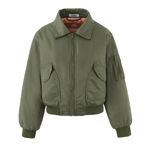 Dames Casual Legergroen Bomberjack Met Reverskraag Zakken Rits Losse Gevoerde Gewatteerde Jas Voor Herfst Winter Mode