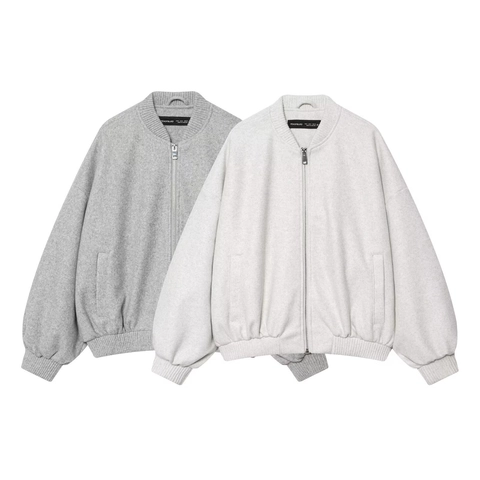 Women's Loose Bomber Jacket Wool-like Polyester Zipper Front Ribbed Trim Streetwear Outerwear For Autumn Winter Ladies