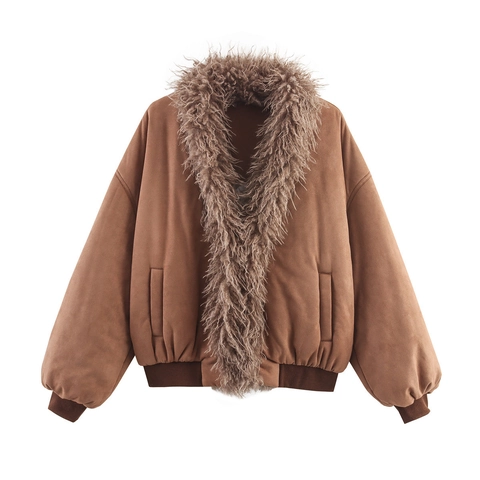 Damen Mode Vintage Kunstpelzkragen Wildlederjacke Braun Locker Langarm Warm Wattierte Oberbekleidung Streetwear Wintermantel